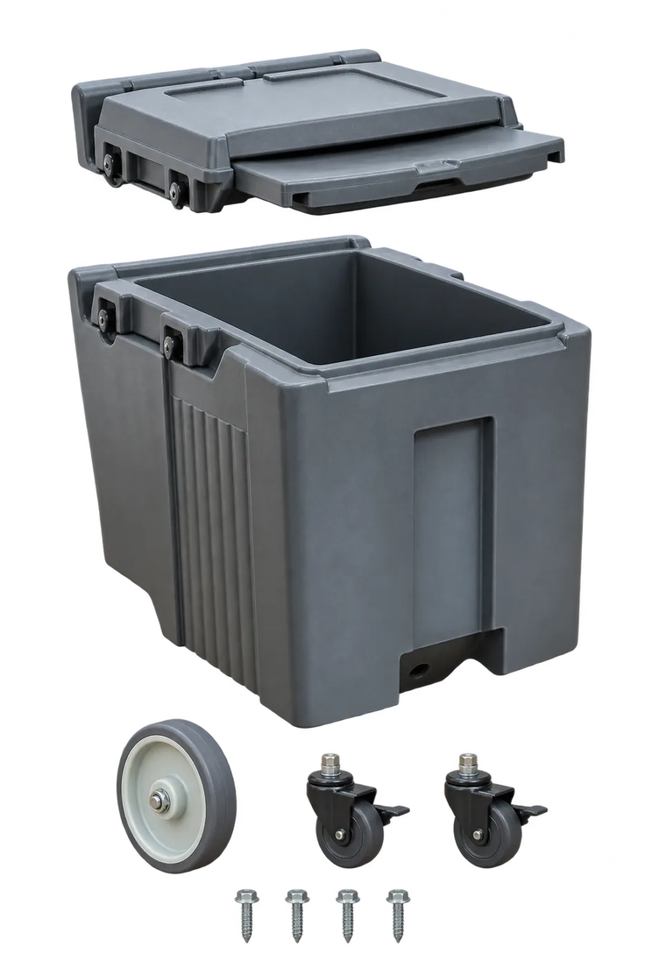 KIC-110 ice caddy with lid, body, wheels and illustrative fasteners separated